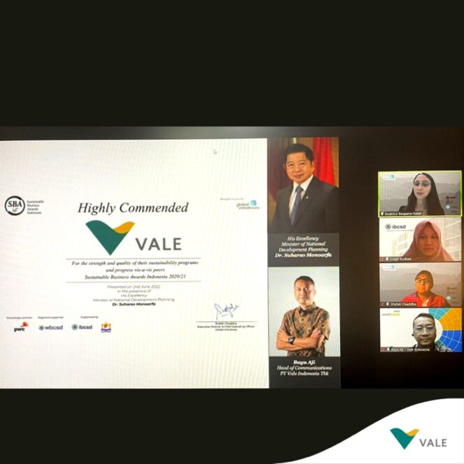 
PT Vale Raih Sustainable Business Awards Kategori Sangat Terpuji 2022