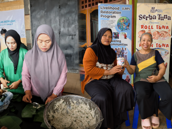 
Ratnasari saat mengikuti pelatihan tata boga dalam program Livelihood Restoration Program (LRP) yang dijalankan PT Vale bagi masyarakat terdampak pengembangan Indonesia Growth Project (IGP) Pomalaa (kiri). Ratnasari memperlihatkan produk abon hasil olahan kelompok usahanya.